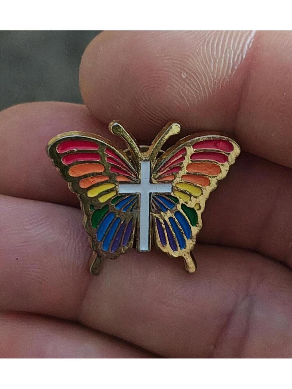 1980's Rainbow Butterfly With White Cross Gold Tone Enamel Pin - Picture 9 of 9